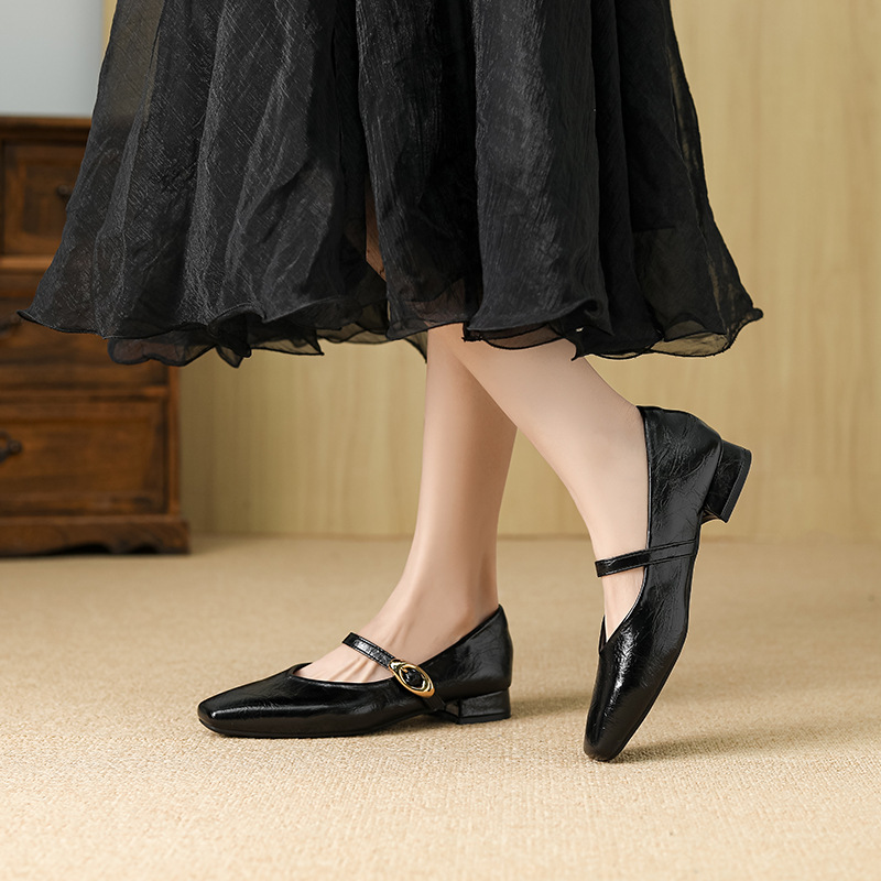P218-2 Huiliya French Style Square Headline Shallow Mouth Mary Jane Shoes Women's Fashion Retro All-match Thick Heel Single-layer Shoes