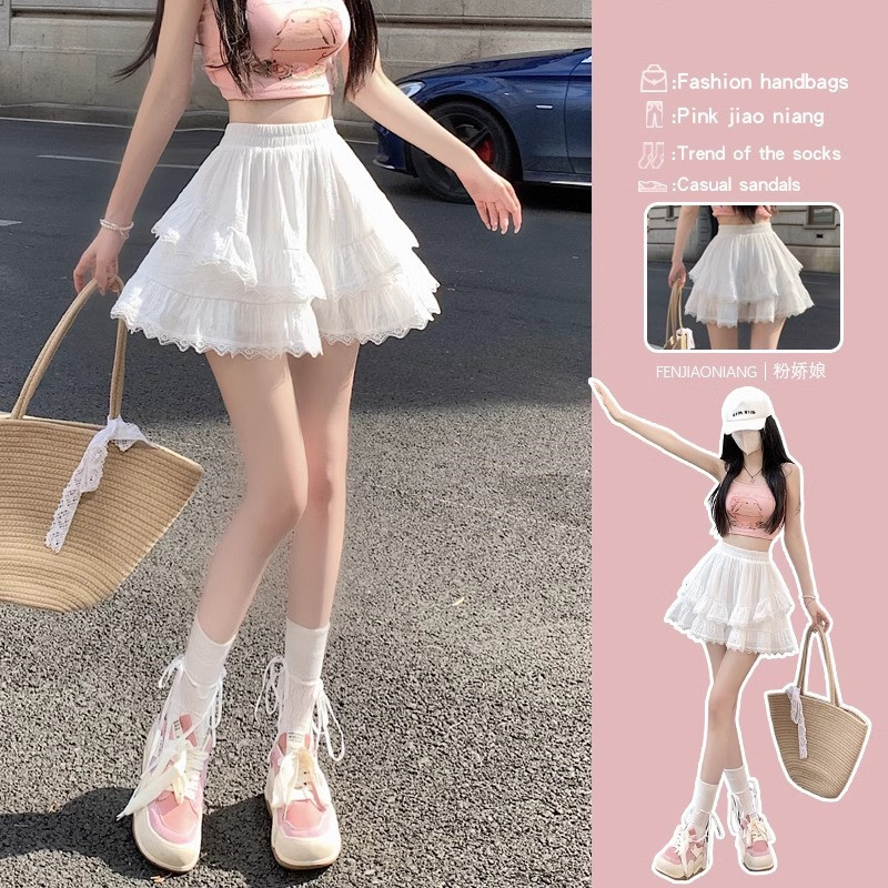 2025 New Summer Design White Cake Skirt French Lace Sweet Petite Slimming Look Short Skirt