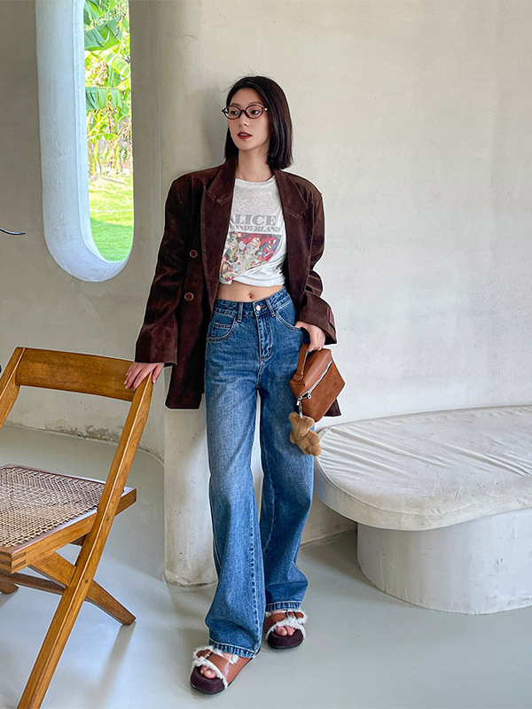 Autumn 2024 New High-end Wide-leg Jeans Women's Narrow Straight Loose Slimming Simple All-match Mopping Trousers