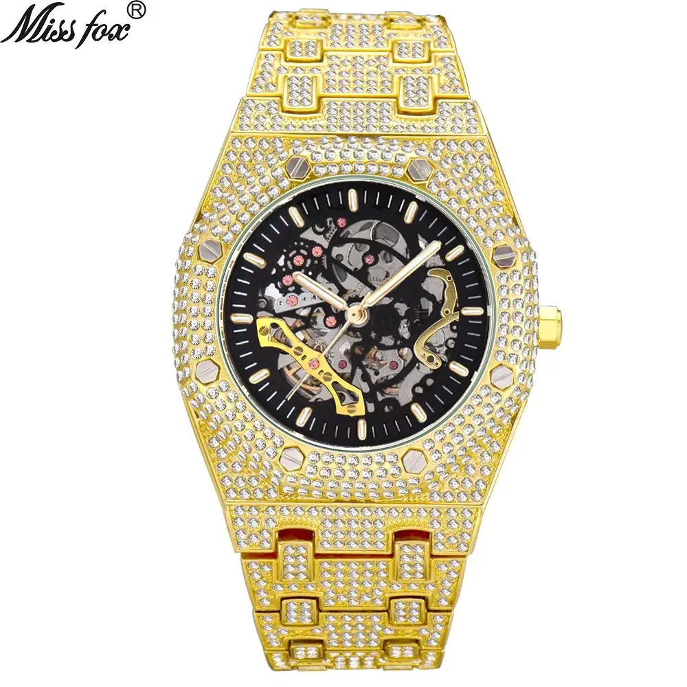 MISSFOX Men's Stainless Steel Automatic Mechanical Watch with Full Diamond Studs, Hollow-Out Design, Waterproof, Luminous