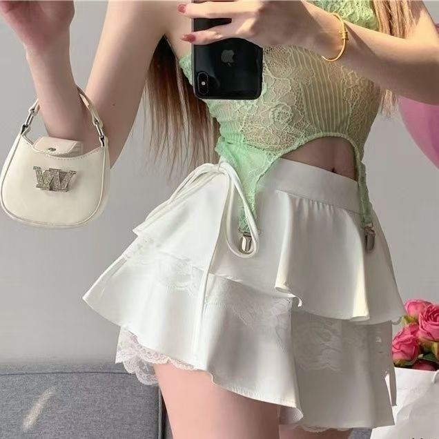 Lace Puffy Skirt Women's Summer High Waist Slim Cake Skirt A-Line Short Skirt Ballet Style Pleated Skirt