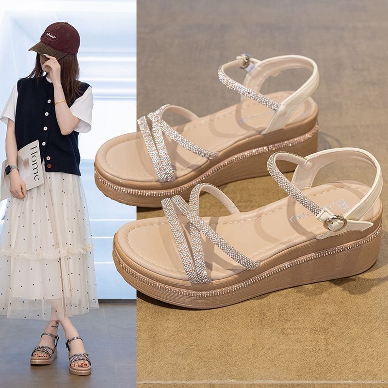 Northern Wolf Rhinestone Wedge Sandals for Women 2026 Summer Fairy Style with Skirt Thick Sole Height-Increasing One-Strap Roman Sandals