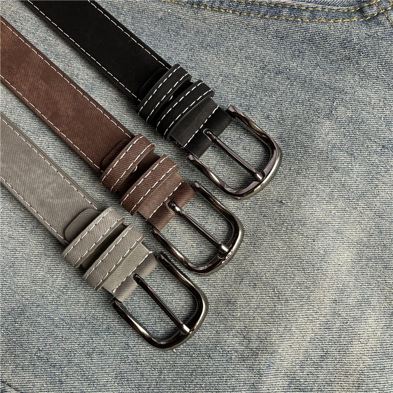 Retro Style Leather Belt Soft Face Student Women's Belt Grey Distressed Pin Buckle Square Buckle Jeans with Distinctive Korean Men
