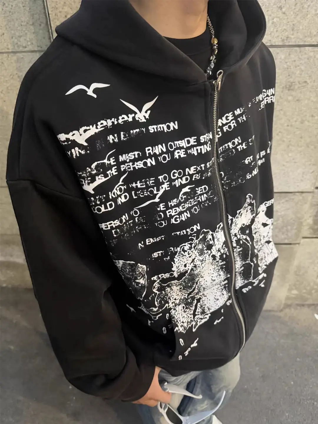 Washed slogan letters hooded sweater men's spring and fall American retro old loose casual niche zipper jacket