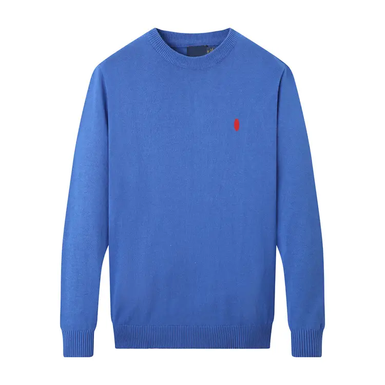New Men's Solid Color Crew Neck Knit Sweater, Spring and Autumn Style, Embroidered Small Logo, Thin Pure Cotton Pullover Sweater, Long Sleeves