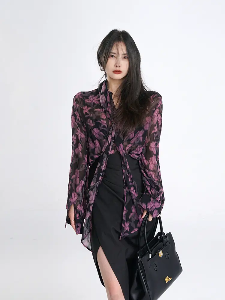 Akimbo ● Aunt Style Retro Purple Georgette Ribbon shirt Accessible Luxury Classy Design Women's Shirt Spring