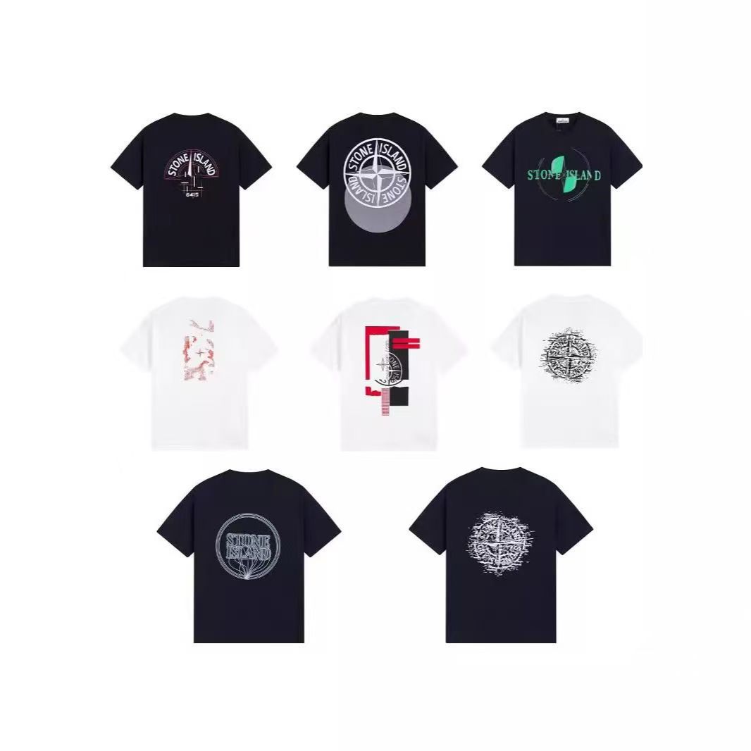 Stone Trendy Brand Short-Sleeve T-Shirt with Four-Way Island Print, Summer Casual Versatile Pure Cotton Loose Round Neck Unisex Style Foto QC da 1688 su Qualit.ly