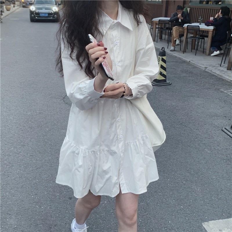 2026 Spring and Autumn New Style Petite French First Love Style White Dress with Design Sense Long Sleeve A-Line Shirt Dress for Women