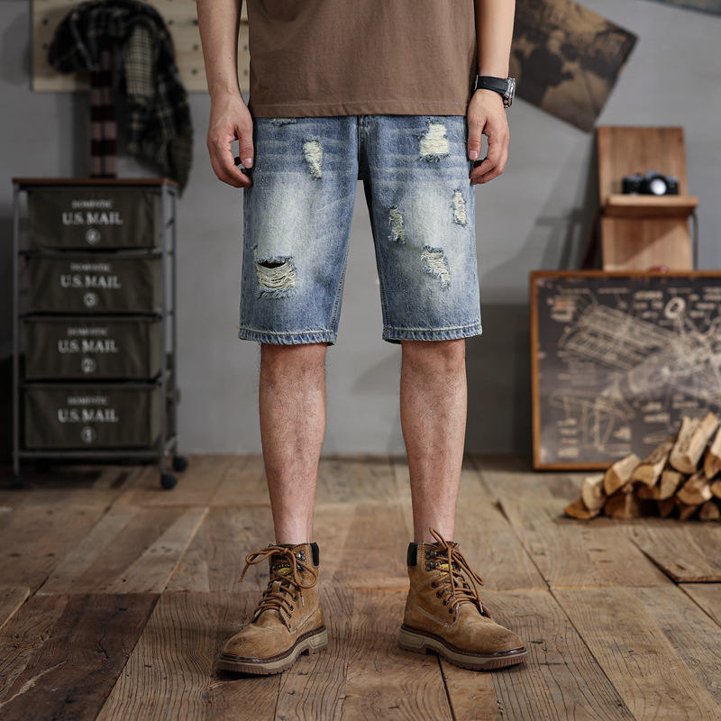 D5504 | Large Size Men's Summer New Scraping Silk Hole Denim Shorts Men's Loose Fashion Cotton Five-point Pants
