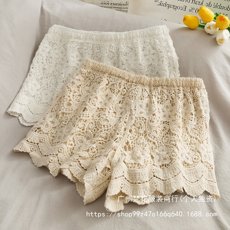New Lace High-Waisted Hollow-Out Water-Soluble Lace Casual Shorts for Women, Summer Anti-Exposure Safety Shorts, Can Be Worn Outside as Hot Pants