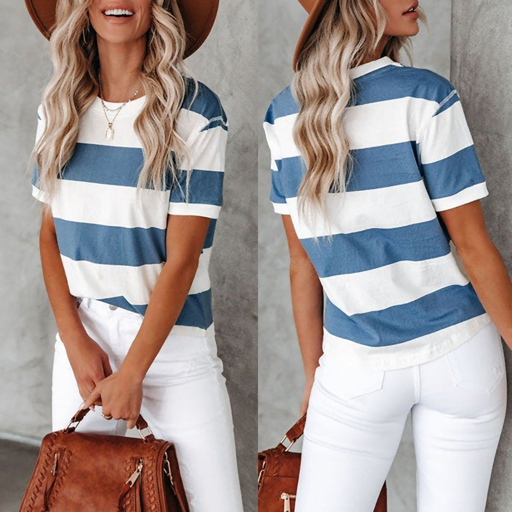Spot 2022 Summer New Amazon European and American Fashion Blue and White Stripe Printed Round Neck Short Sleeve Casual T-shirt Women