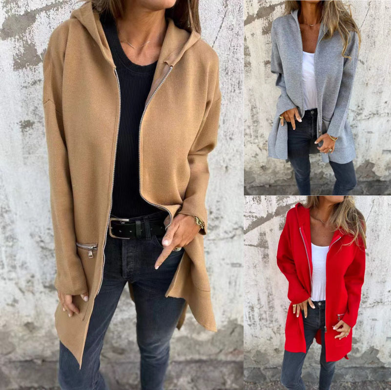 2024 European and American Amazon AliExpress Independent Station Fall/Winter Solid Color Casual Zipper Hooded Jacket for Women