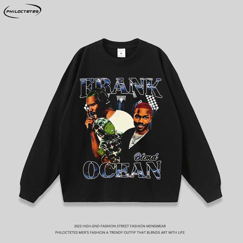 European and American street rapper printing distressed washed long-sleeved T-shirt men's and women's hip hop fashion brand oversize base t