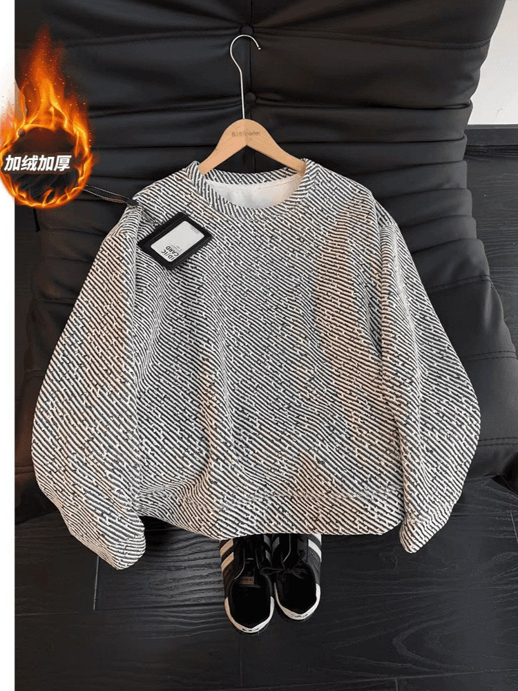 Men's Round-Neck Sweatshirt with Star Pattern, 2026 New Style, American-Style Fleece-Lined Heavy Jacket with Zebra Print for Autumn and Winter
