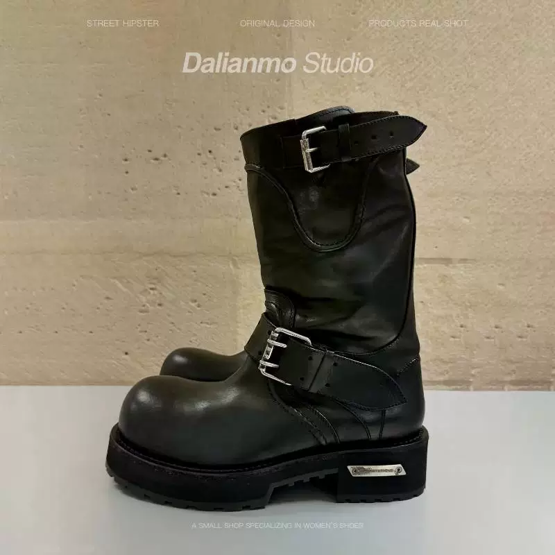 Vintage vintage cowhide mid calf boots, women's British style leather belt workwear shoes, Mickey sleeve casual shoes, upturned short boots
