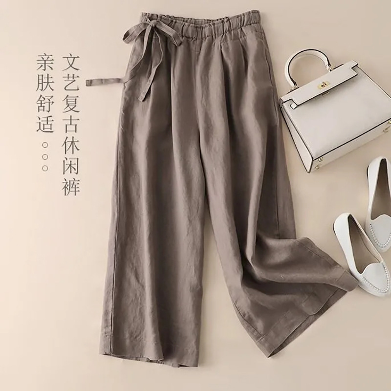 Pure Cotton Nine-Point Wide-Leg Pants for Women Summer Cotton and Linen Thin High-Waist Side Tie Retro Literary Elastic Casual Pants for Women