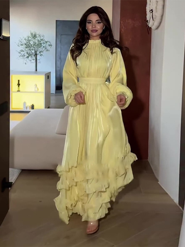 2026 New Foreign Trade European and American Amazon Cross-Border Style Round Neck Long-Sleeve Waist-Cinching Ruffled Elegant Long-Sleeve Dress
