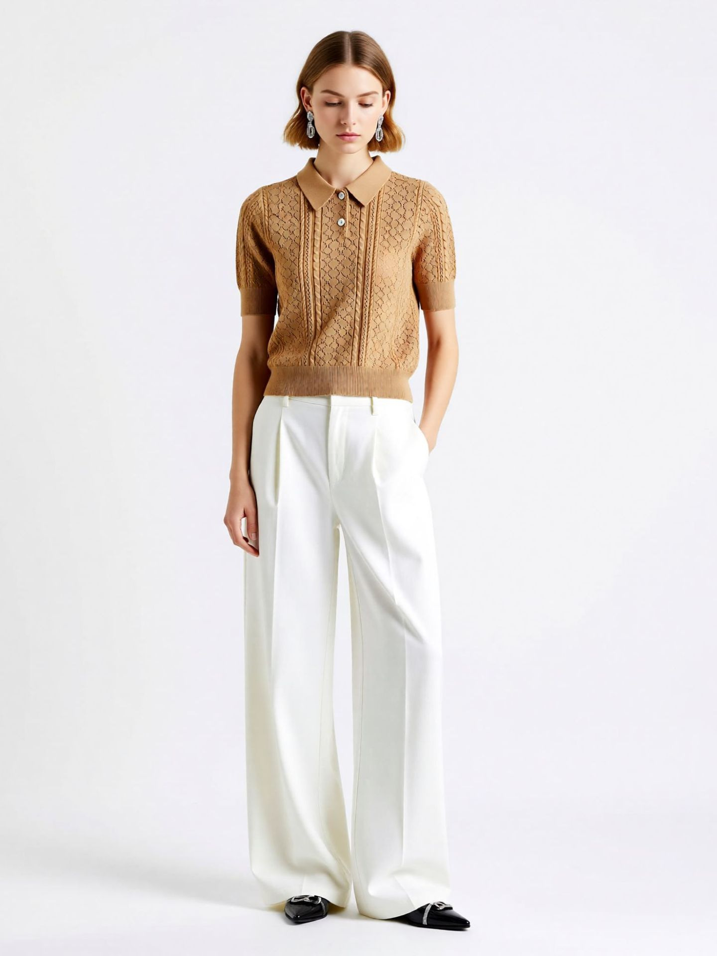Ic Xiaohuo Style Hollow-Out Cable Knit Polo Collar Sweater for Women, Summer High-End Nanyou Women's Short-Sleeve French-Style Top