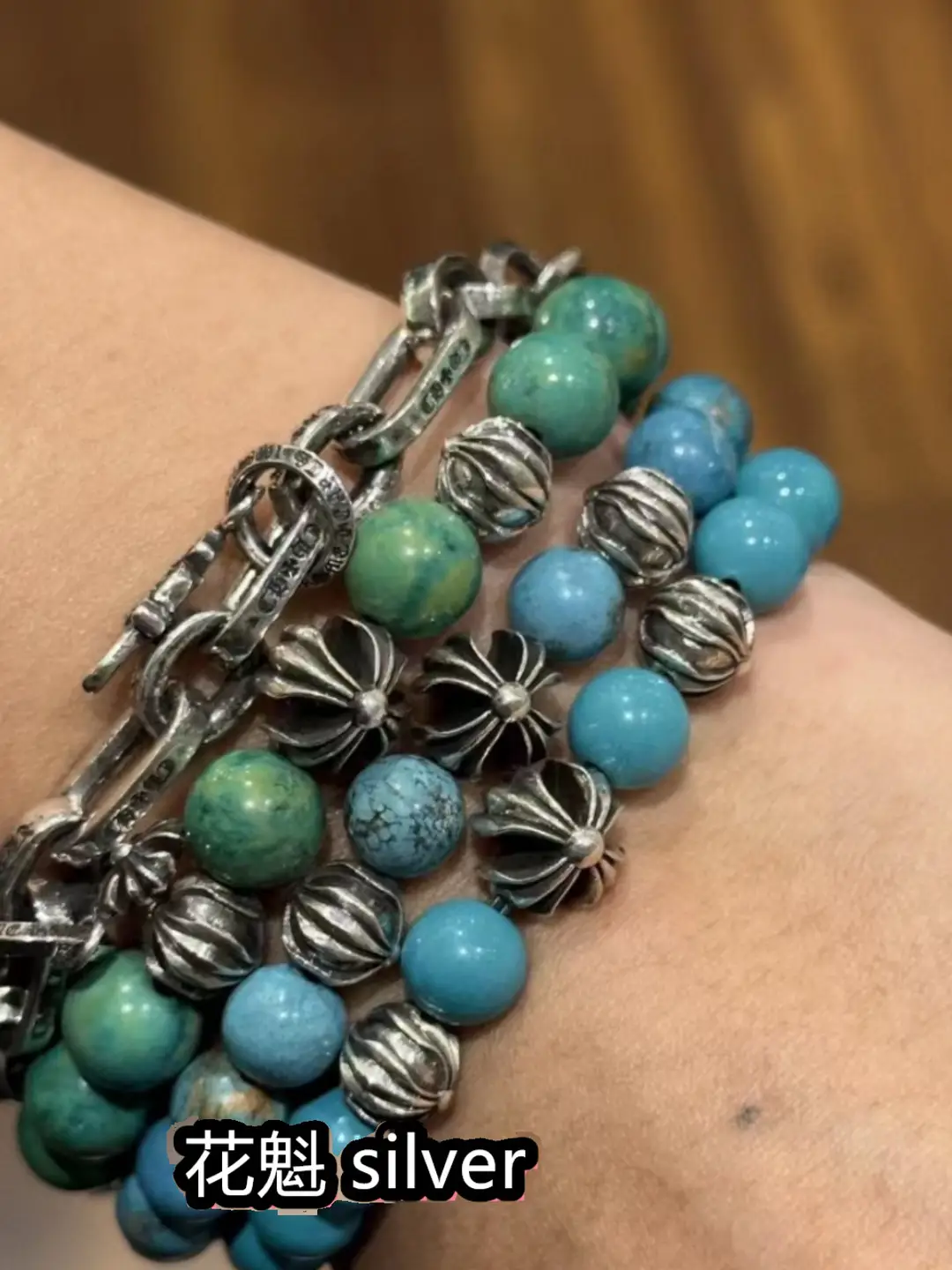 Oiran Silver925 Sterling Silver Real Natural Turquoise Iron Wire Blue 8mm Cross Four Silver Beads Bracelet Trendy Bracelet