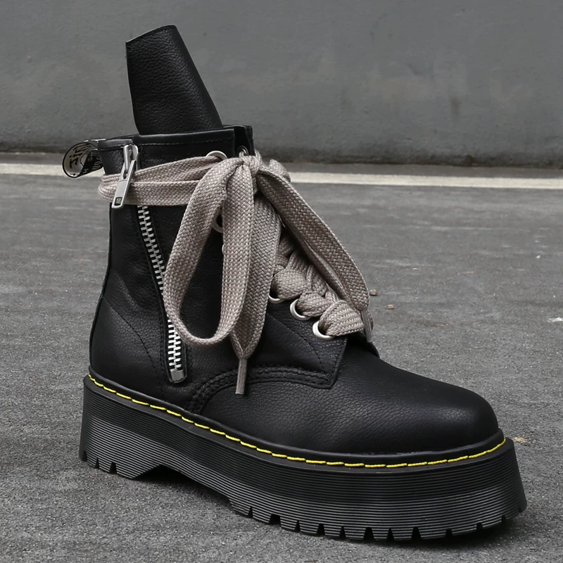 R Martin boots, outer zipper, wide shoelaces, round toe straps, thick sole, outer height increase, men's and women's short boots, top layer cowhide