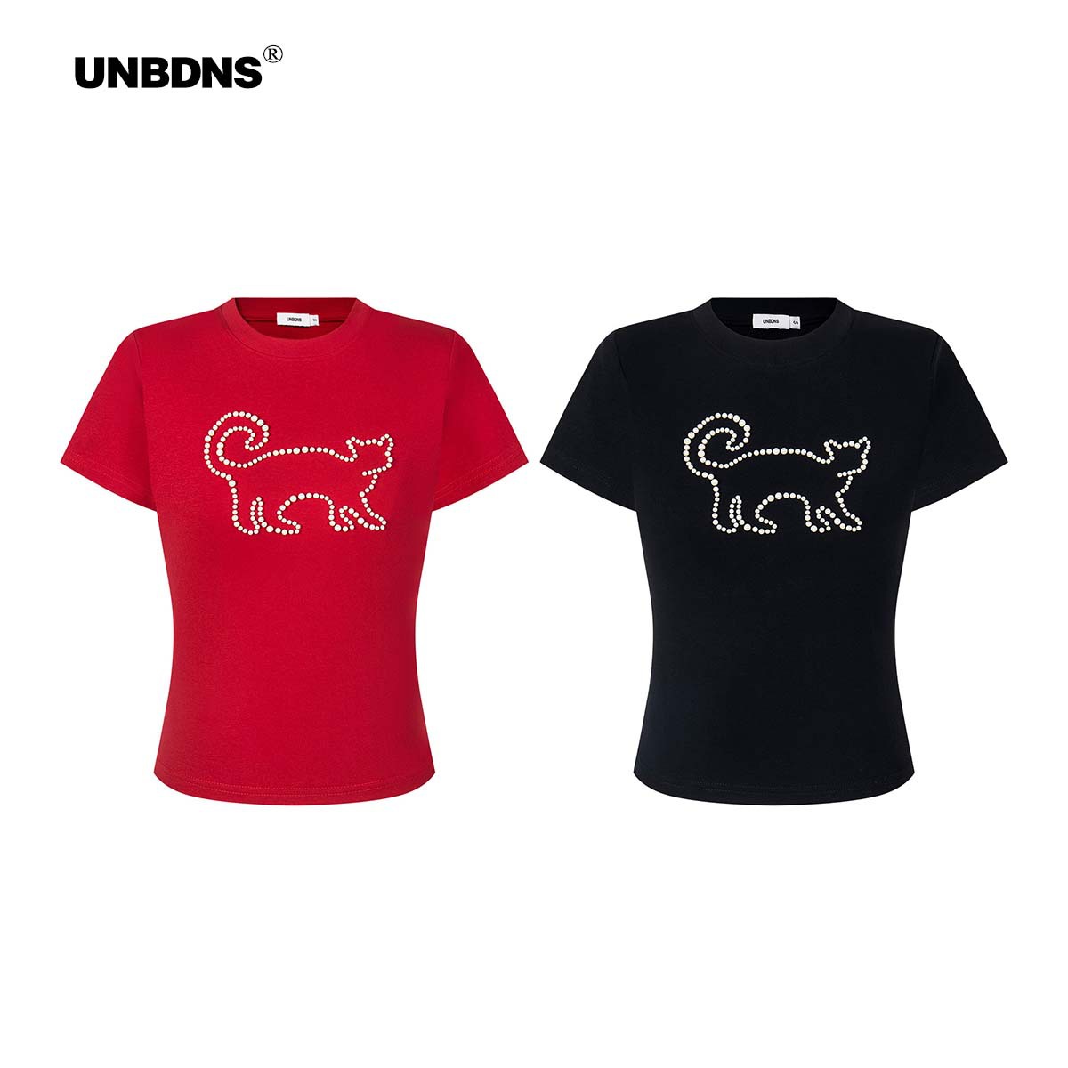 Unbdns "Pearl Cat" Short-Sleeved Round Neck Slim Fit Hot Girl Short T-Shirt Top Women's Cat T-Shirt with Pearls