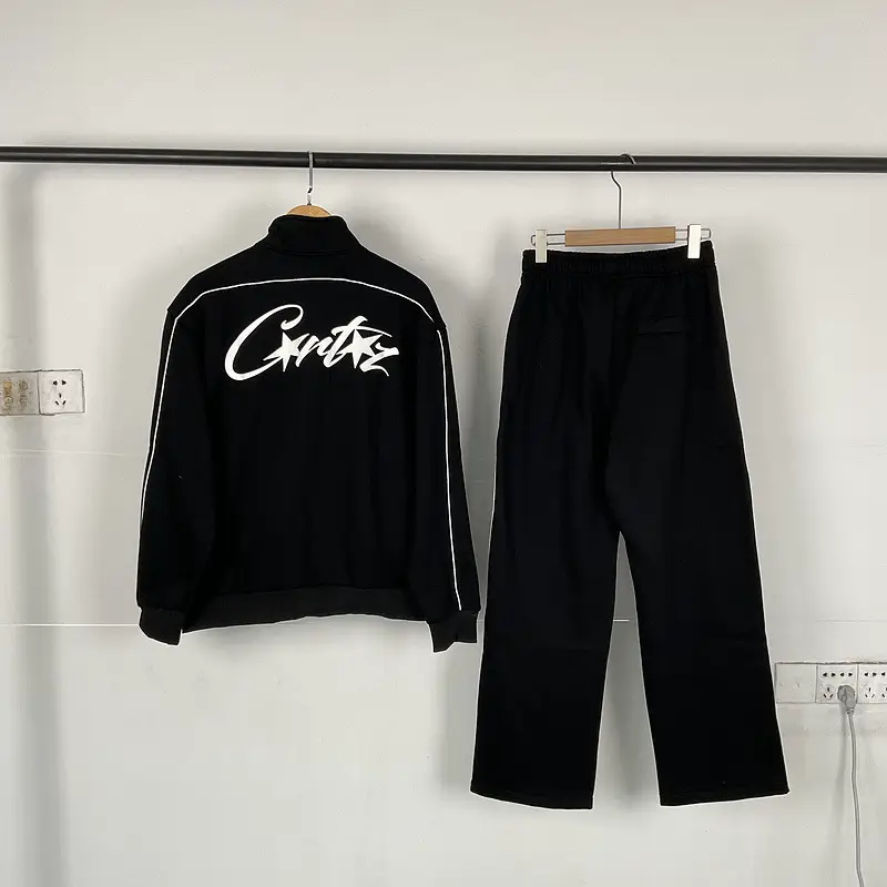 American retro printed jacket with stand up collar and fleece set, zipper high street men's and women's casual pants