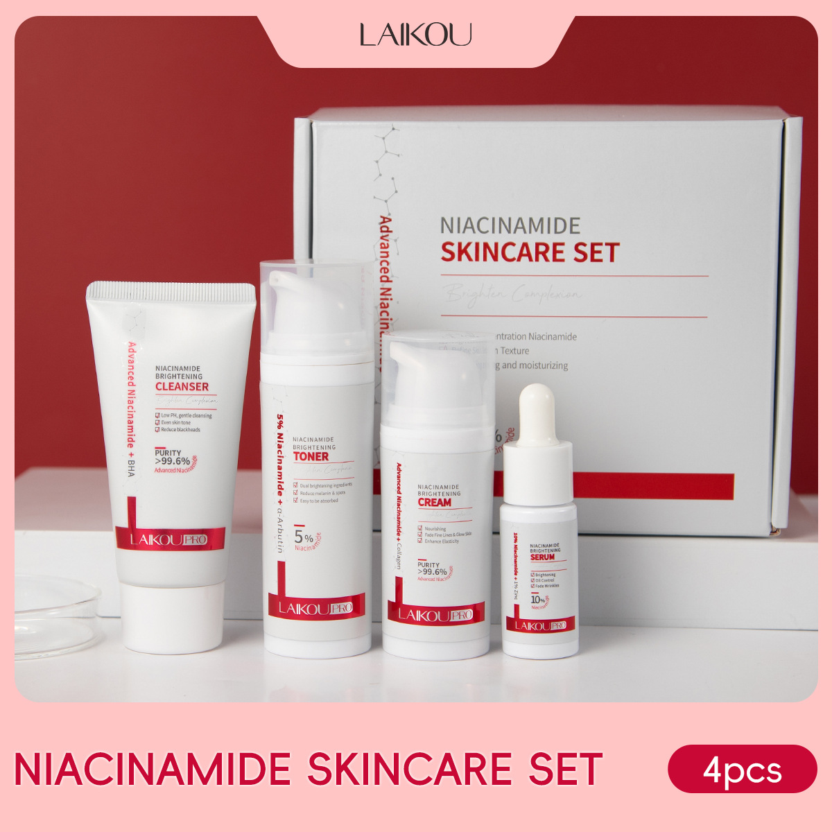 Cross-border Lecco PRO Niacinamide 4-piece Set Hydrating and Moisturizing Skin Care Cleansing Factory in stock