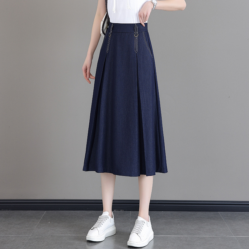 Ice-Feel Thin Denim Skirt for Women 2026 Summer New Elastic High-Waist Umbrella Skirt A-Line Mid-Length Pleated Skirt