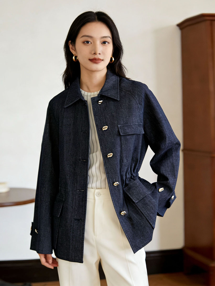 Plus Casual Herringbone Pattern Fishbone Yarn-Dyed Old Money Style Multi-Pocket Cotton-Linen Turn-Down Collar Versatile Loose Shoulder-Drop Jacket