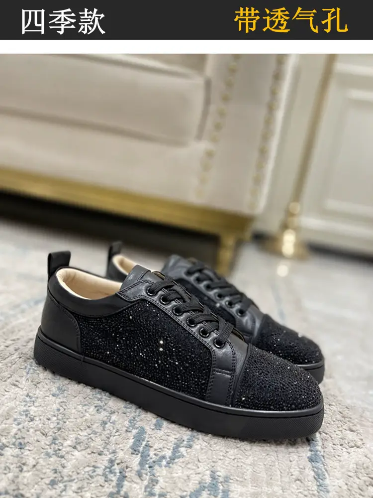 Spring & Fall New Arrival Genuine Leather CL Men's Shoes Low Ankle Rhinestone Red Sole Shoes Rivet Breathable Sports Casual Borad Shoes Women's Shoes Fashion
