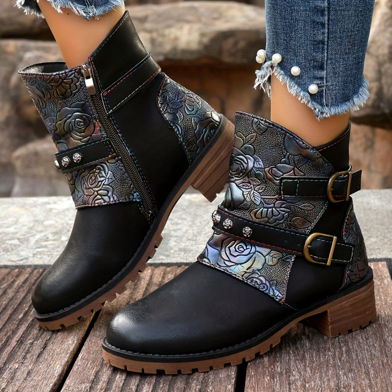 B 96193 Printed Block Heel Western Ankle Boots Printed Block Heel Western