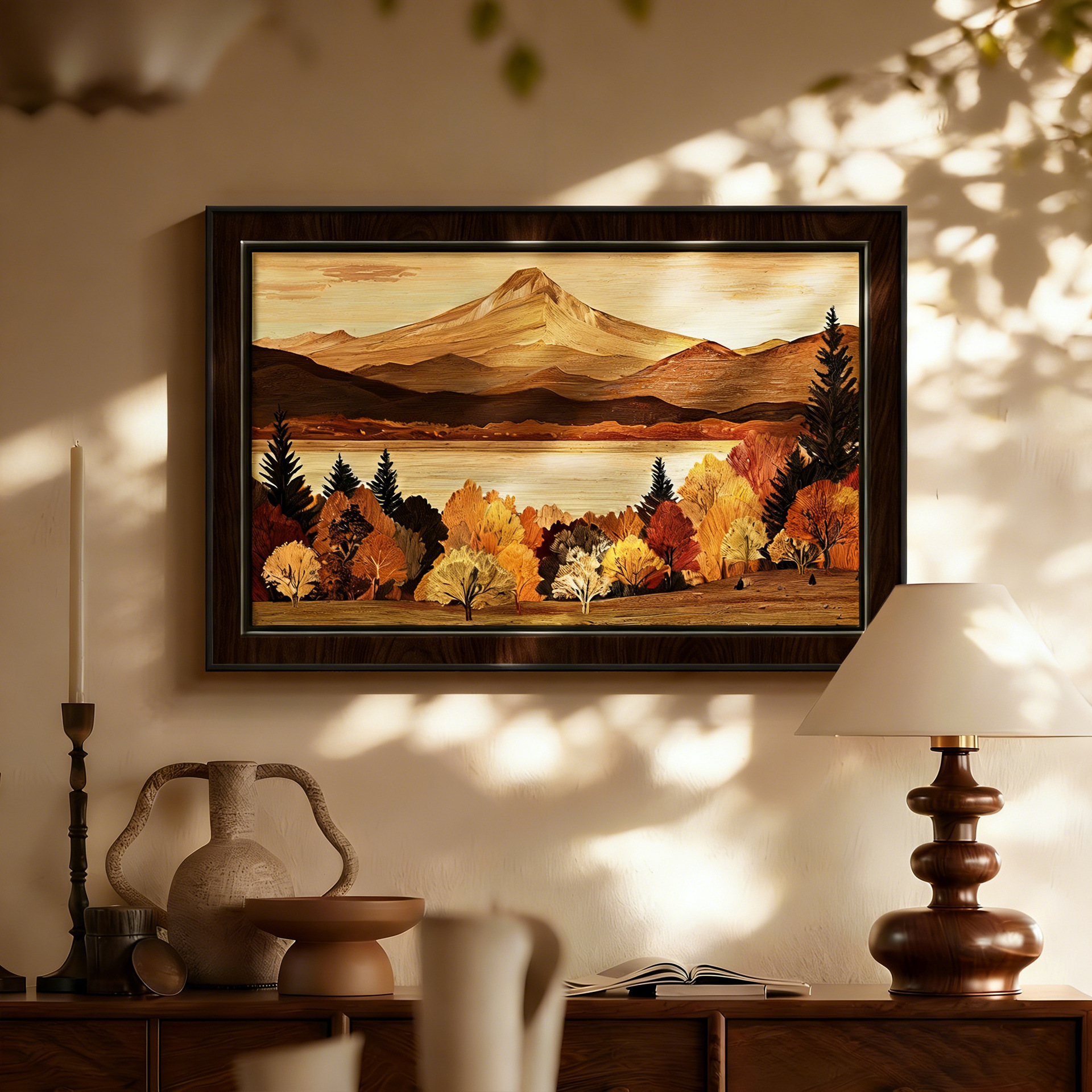 American-Style Vintage Living Room High-End Decorative Painting, Retro Entryway Sideboard Horizontal Painting with a Mountain Motif, Dining Room Wall Art