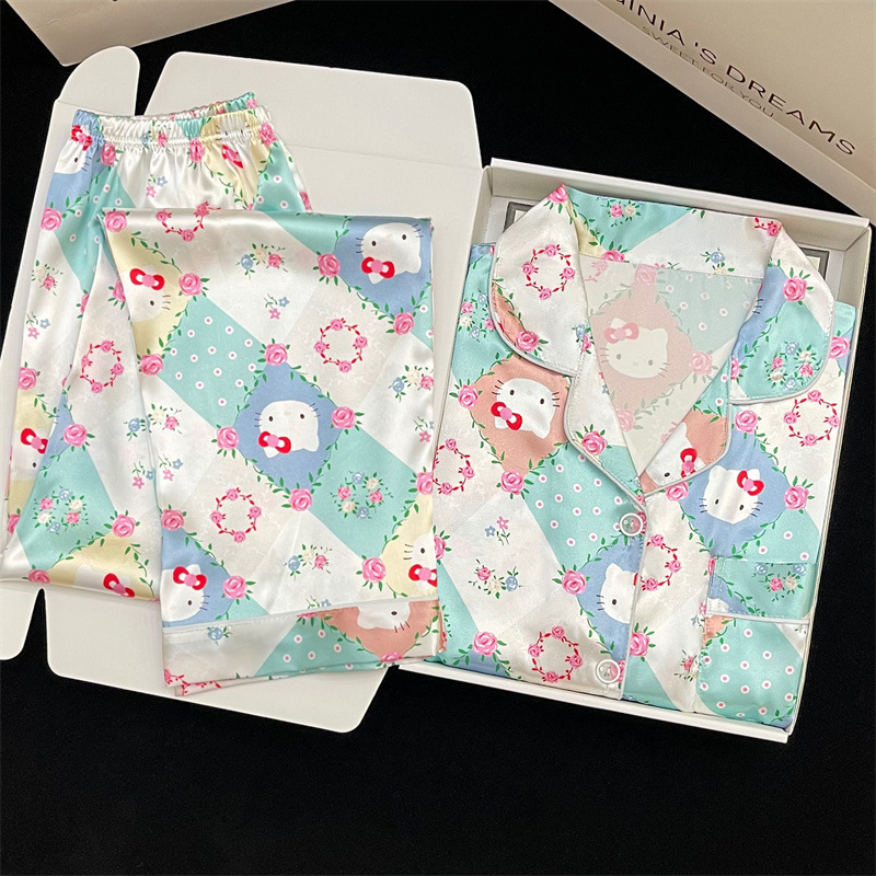 Thin Long-sleeved Silk Pajamas Women's Summer New Cartoon Two-piece Home Clothes suit Loose Casual Pants