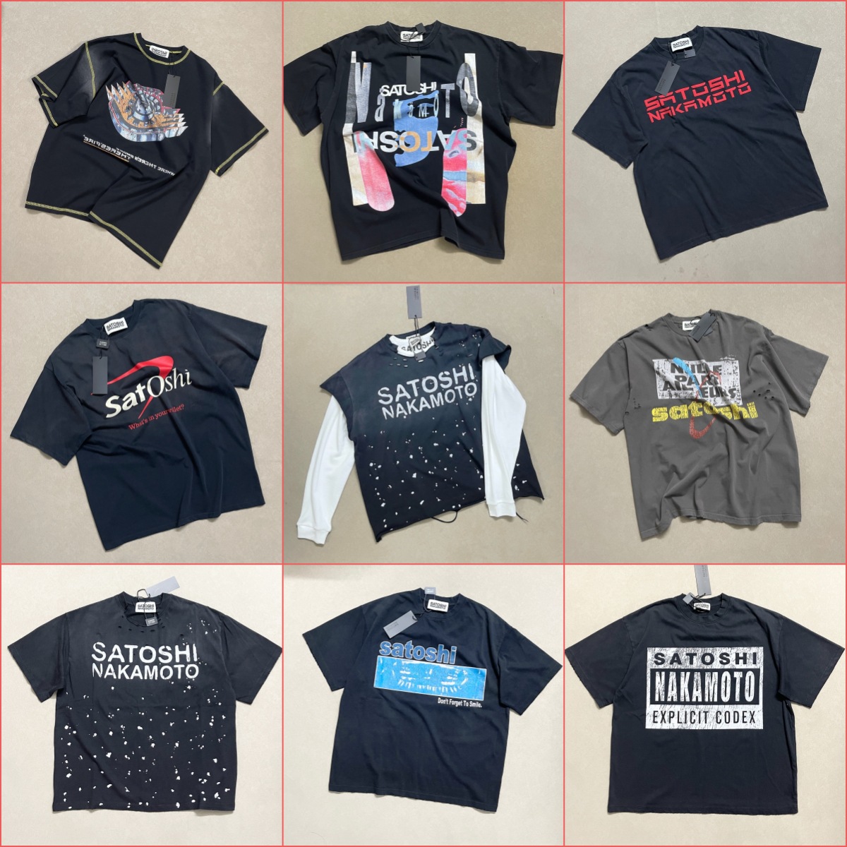 Cross-Border Fashion Brand Satoshi Heavyweight Vintage Washed Distressed Cracked Design Unisex Couple Loose Short-Sleeve T-Shirt Trendy QC-foto från 1688 på Qualit.ly