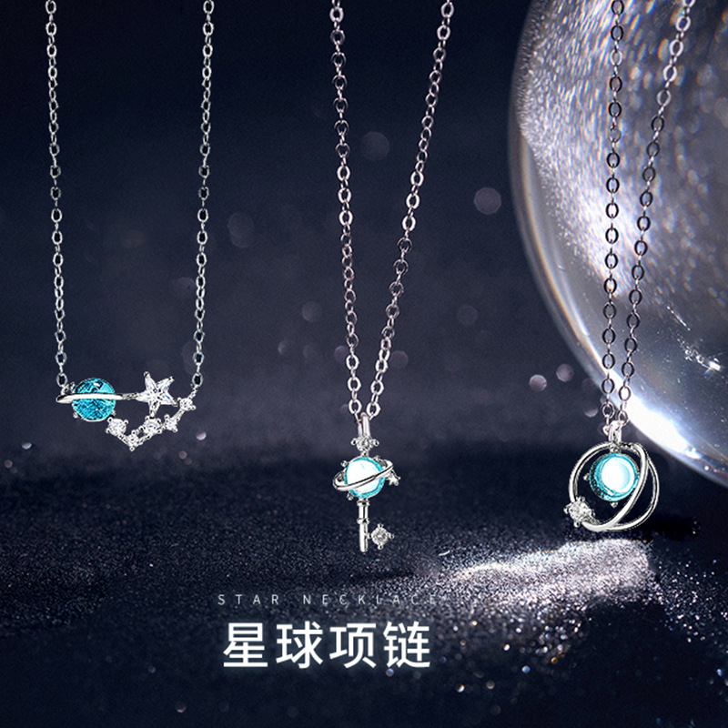 Blue Circle Cosmic Aurora Clavicle Chain Women's Korean-style Diamond-encrusted Small Fresh Japanese-style Short Necklace Planet Necklace
