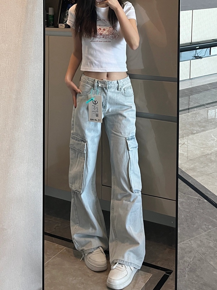 American-Style Straight-Leg Jeans for Women 2026 Spring and Autumn High-Waisted Loose Wide-Leg Slimming Multi-Pocket Casual Work Pants