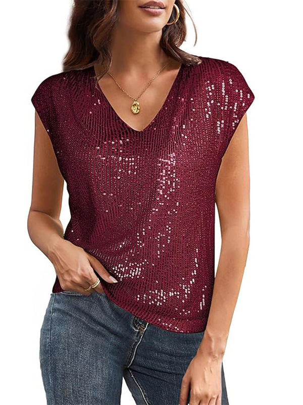 Amazon 2025 European and American Export Cross-Border Independent Station V Neck Sequined Short-Sleeved Women's Shiny Vest Party Shirt