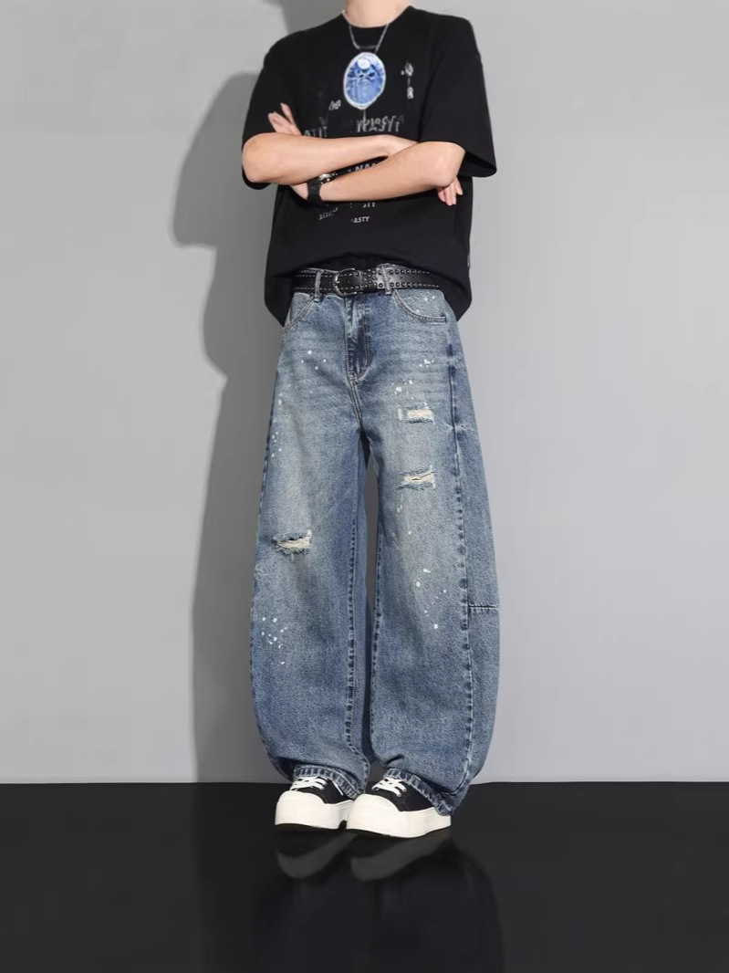 Men's Ripped Jeans Summer Trendy American Retro Washed Cool Loose Fit Splatter Paint Distressed Straight-Leg Flared Pants