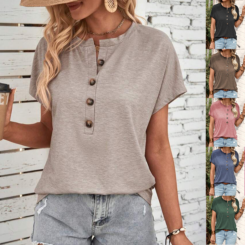 2025 Spring/Summer Women's Fashion Amazon Cross-Border New European and American Solid Color Twist Button Fashion Short Sleeve T-Shirt for Women