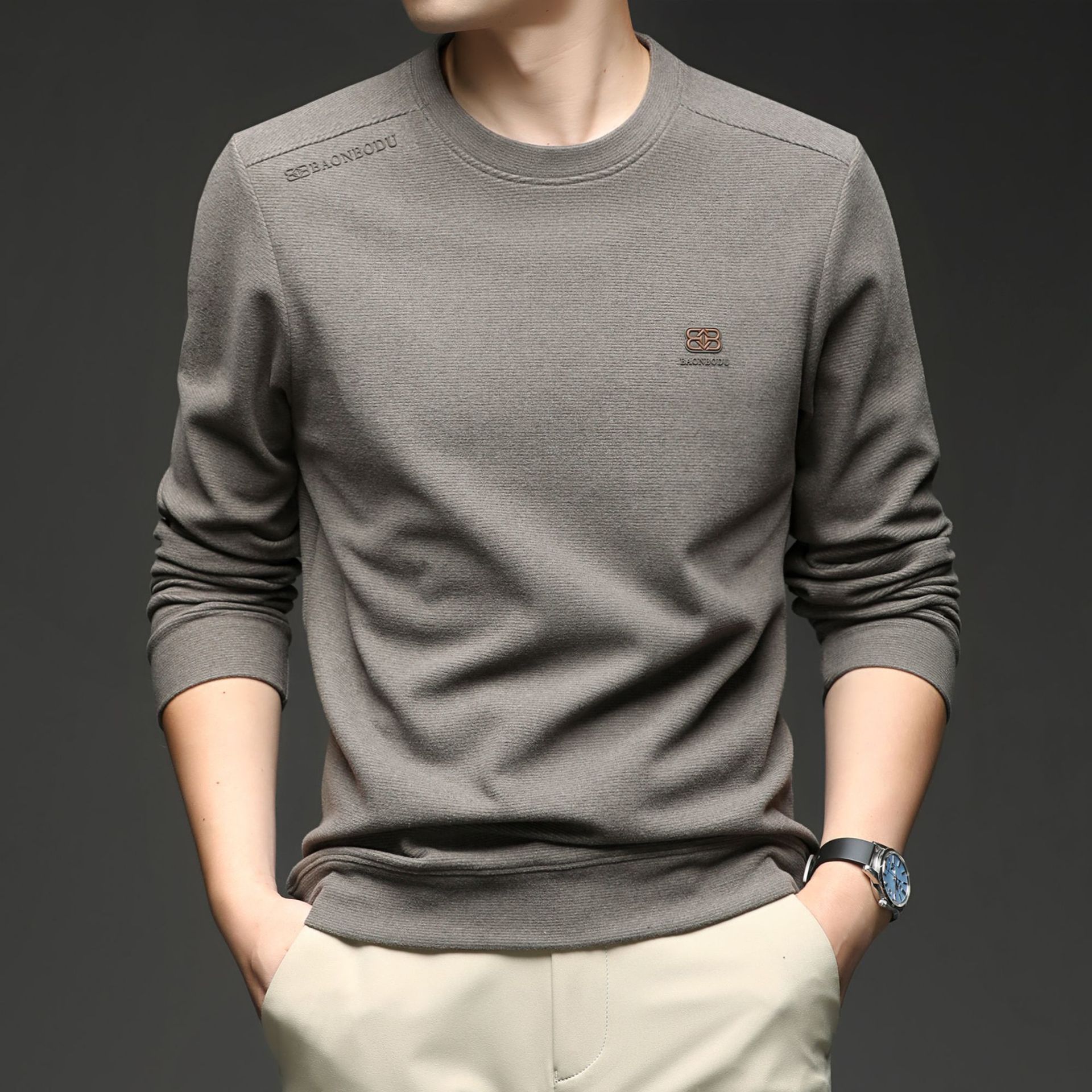 Cross-Border New Long-Sleeved T-Shirt Men's Round Neck Loose Fashionable Simple Bottoming Shirt Skin-Friendly Versatile Mulberry Silk Sweatshirt Men