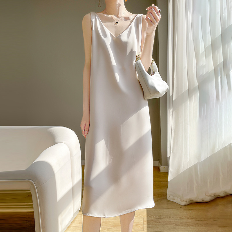 V-neck Sleeveless Sling dress Women's Summer High-end Elegant Small Black Dress Acetic Satin A- line Vest Long Dress