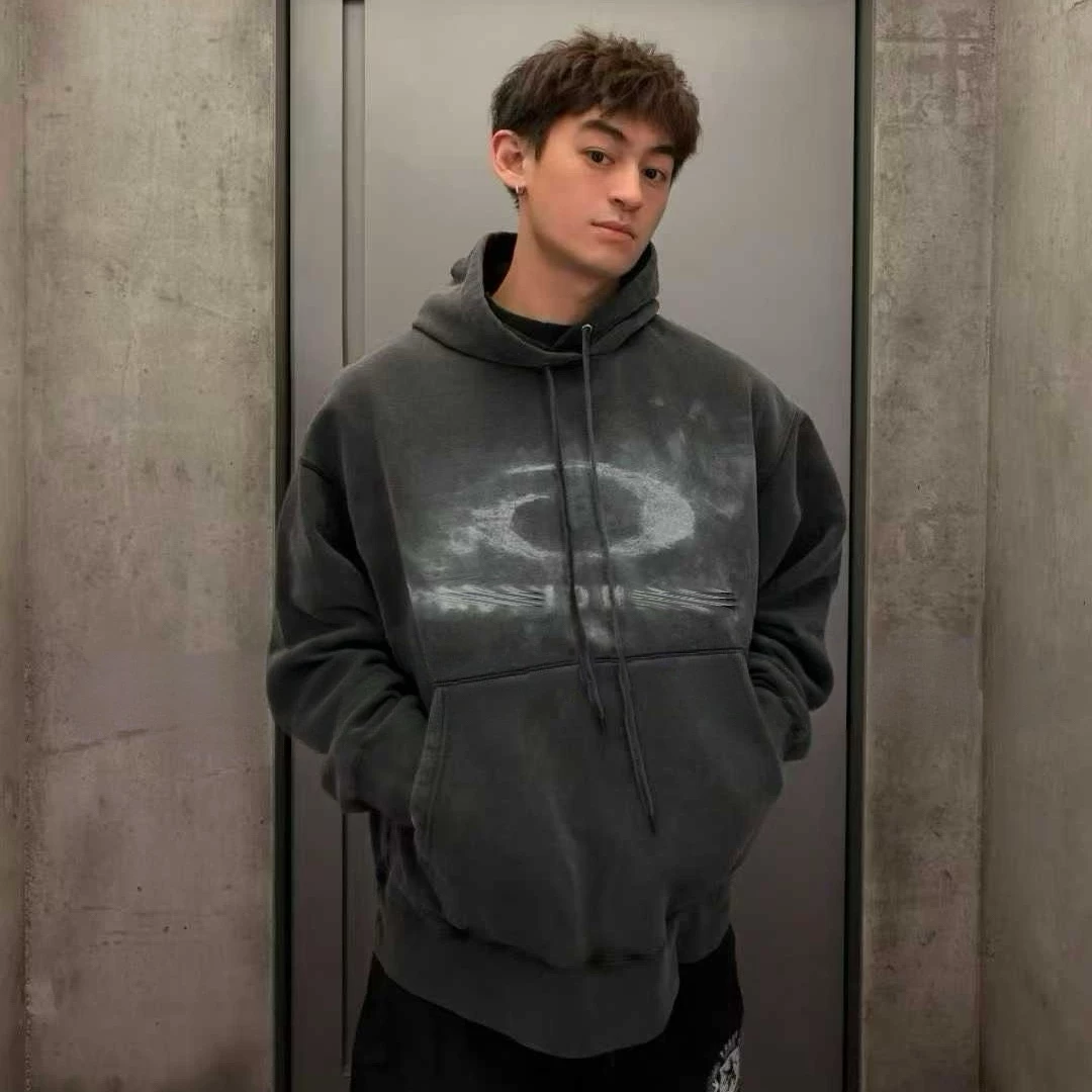 BMC Wash Black Washed Crayon Loop Ring Smoke Blurred Print Used Hoodie Loose Hoodie
