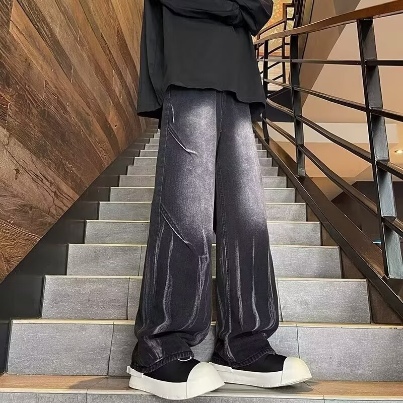 Gradient Washed Jeans Men's Spring and Autumn American Style High Street Vibe Pants Wide Leg Loose Straight Casual Pants