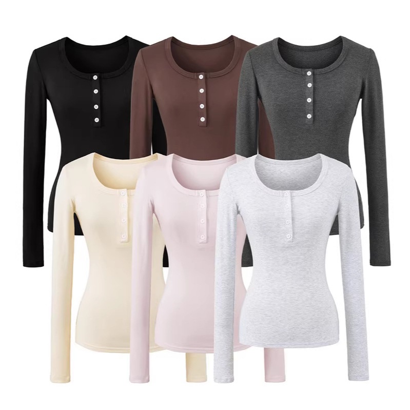 Pure Desire Henry Collar Waist-Cinching Long-Sleeve T-Shirt Early Spring New Solid Color Slim-Fit Short Top Fashionable Versatile Base Shirt