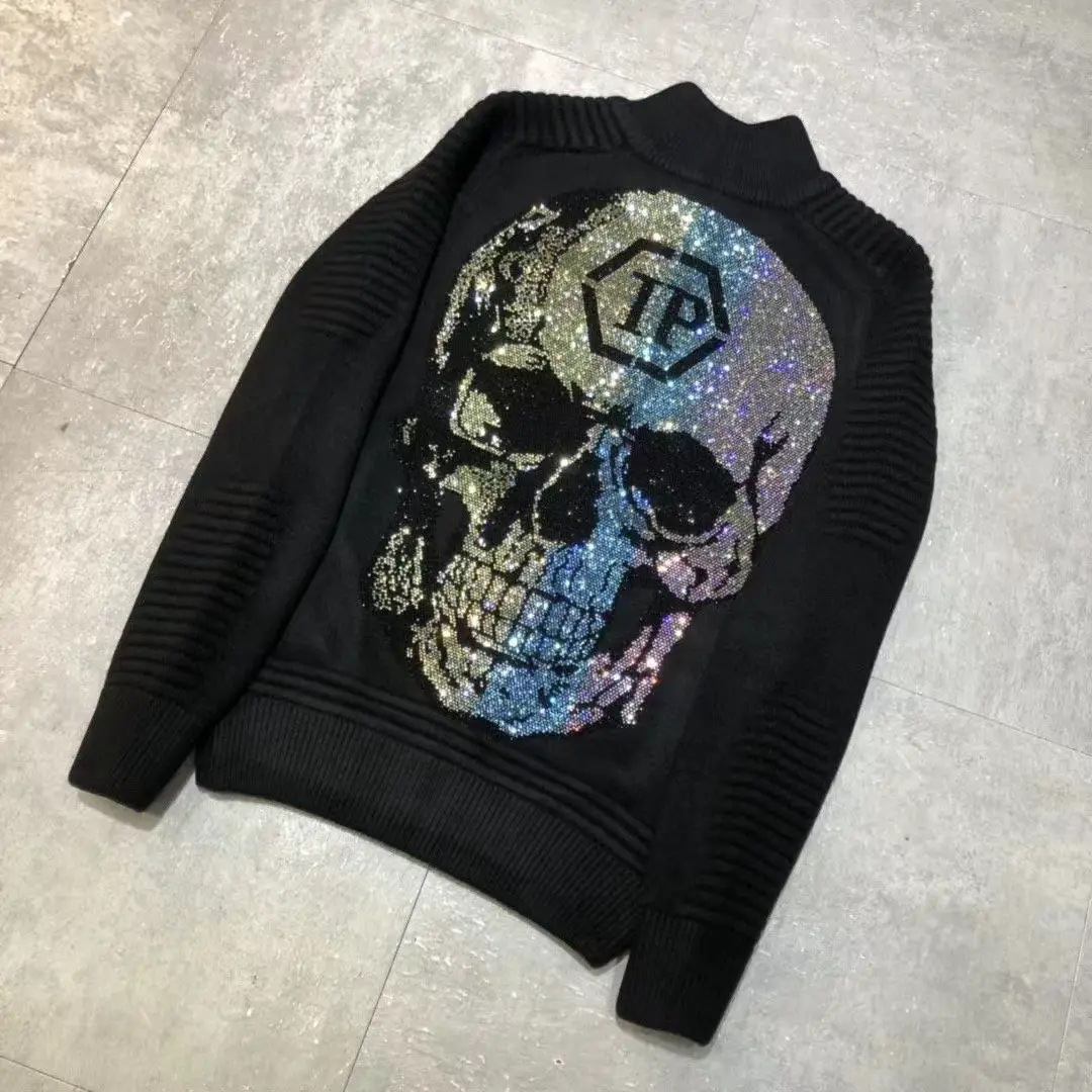 Philippe Pullen Trendy Brand Men's Sweater Rhinestone Skull Collar Zipper Casual Thickened Warm PP Knitted Sweater for Men