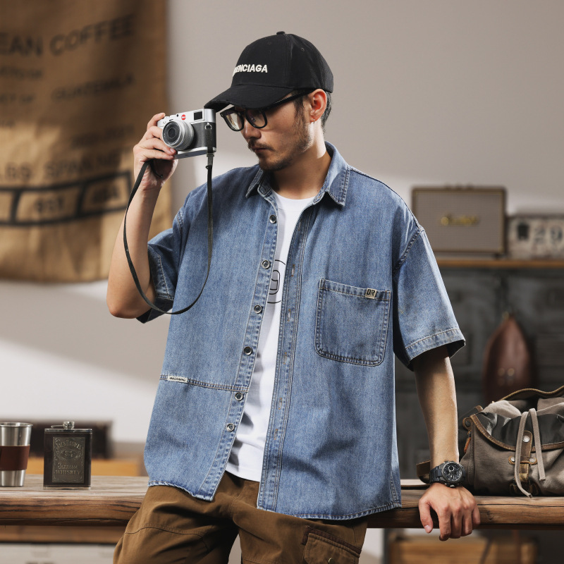 920# plus size Men's Summer New Lyocell Ice Silk Denim Short Sleeve Shirt Loose Joker Half Sleeve Shirt for Men