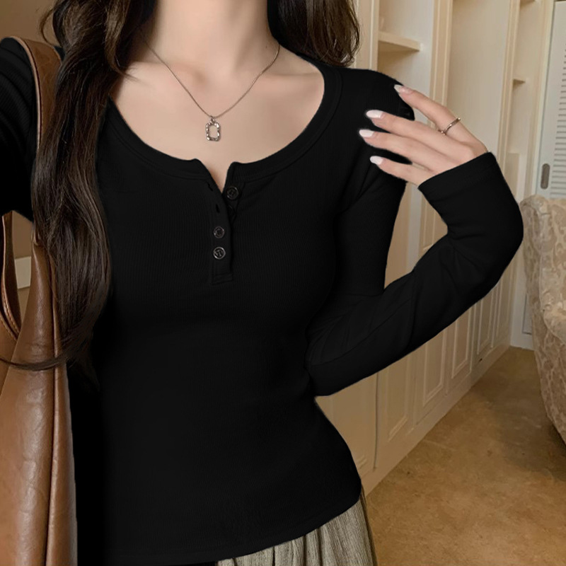 Early Spring Shoulder U-collar Base Shirt Women's Spring and Autumn New Pure Interior Slim Fit T-shirt Black Long Sleeve Base Shirt Top