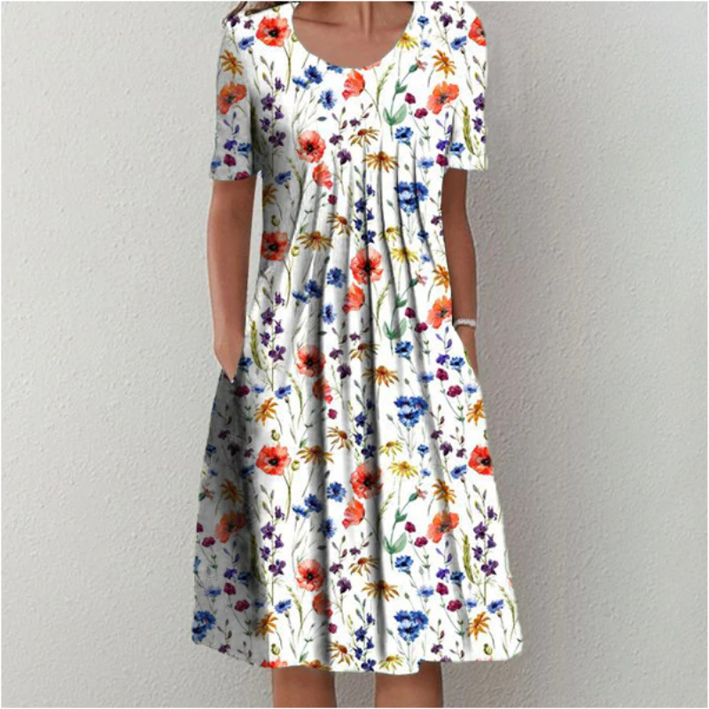 2024 Amazon wish European and American spring and summer women's elegant large swing skirt casual printed round neck short sleeve dress women