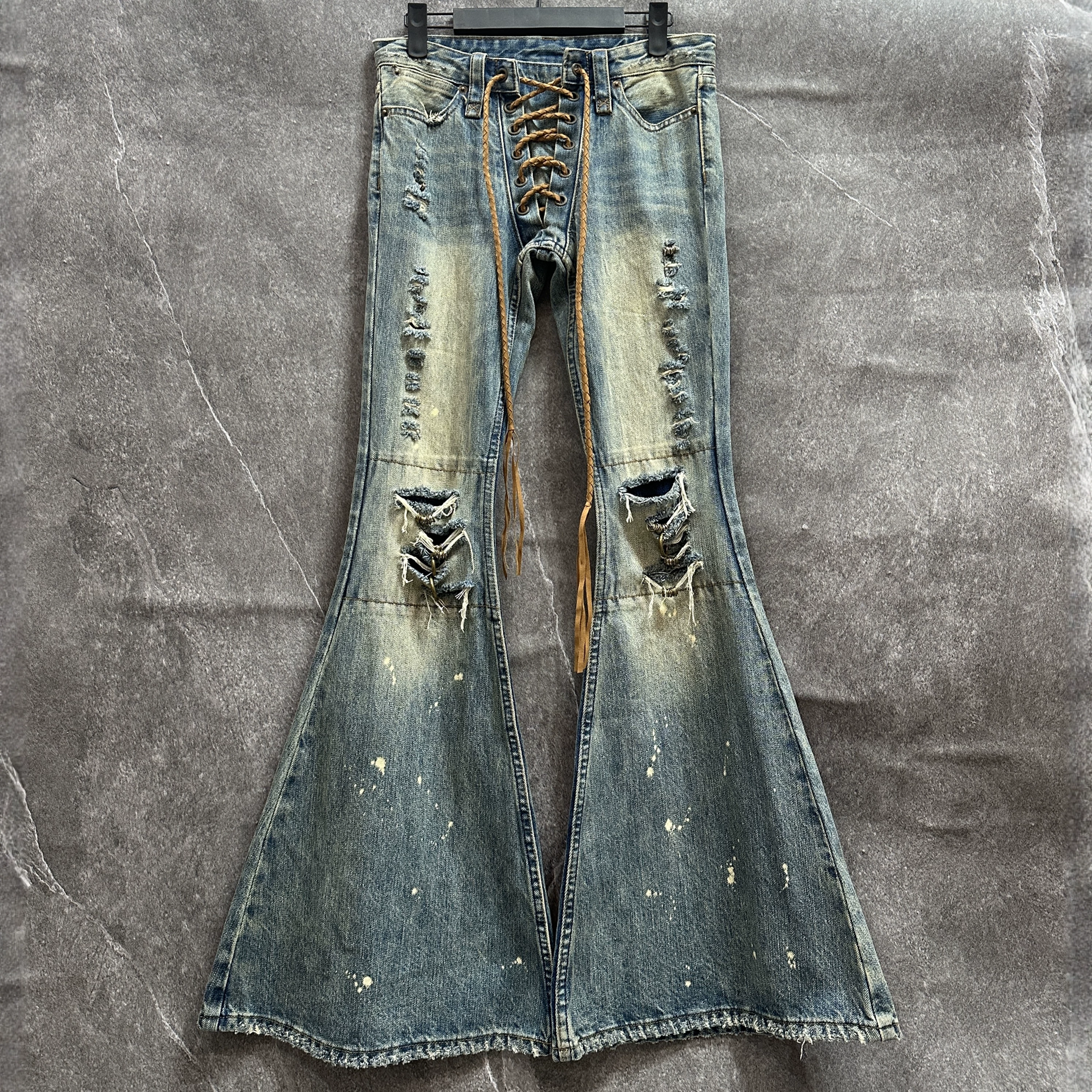 In-Stock Real Photos * Independent Ifsixwasnine Style Visual系 (Visual Style) Iron Ring Drawstring Flared Pants Foto QC de TAOBAO na Qualit.ly