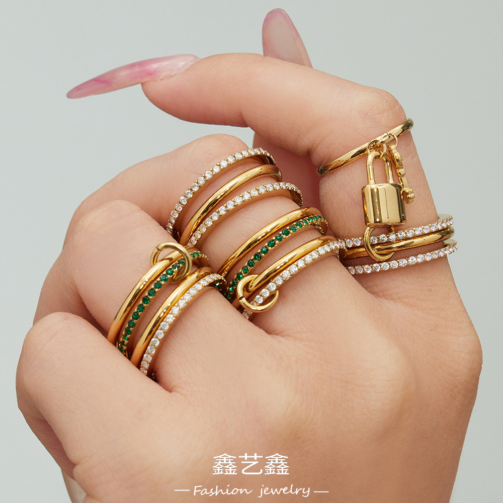 Micro-Paved Zircon Small Lock Key Tassel Open Ring Exquisite Stacked Three-Ring 5A Zircon Personalized Stainless Steel Ring